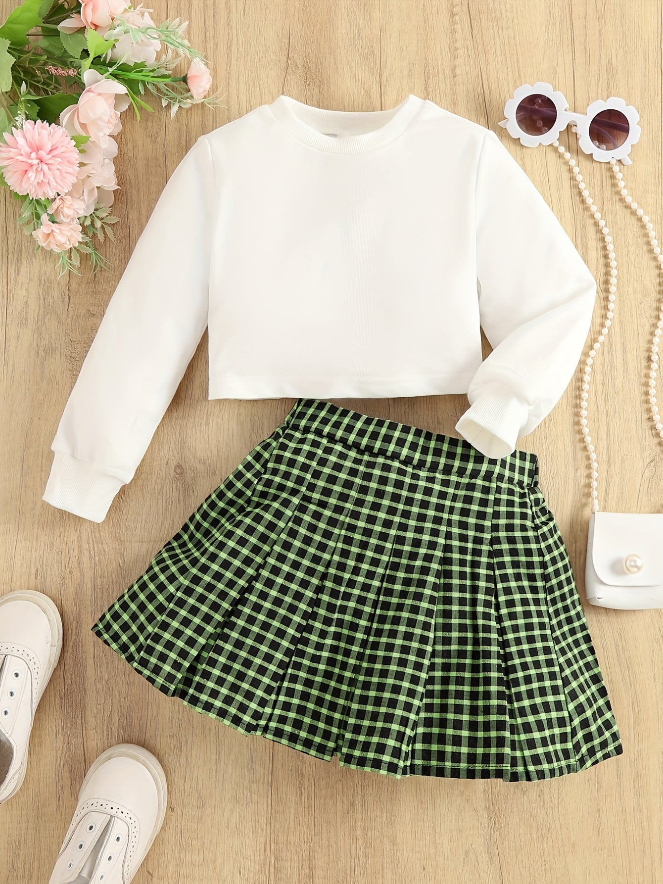 Girl's 2pcs Solid Sweatshirt & Plaid Skirt Set Preppy Style Kids Clothes