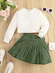 Girl's 2pcs Solid Sweatshirt & Plaid Skirt Set Preppy Style Kids Clothes