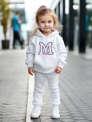 Girls Boys 2pcs M Letter Hooded Pullover Pants Set for Sports