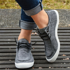 Women's Deep Grey Flat Lace Up Walking Shoes Comfortable Slip On Canvas Sneakers