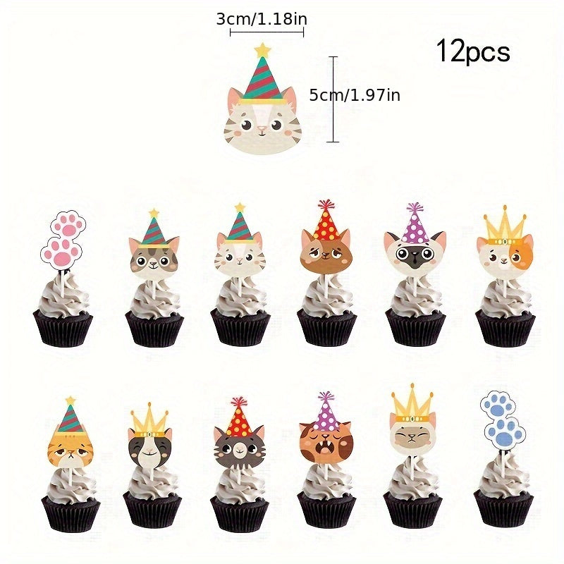 12pcs Cat Theme Birthday Party Cake Plate Set with Cat Face Flag
