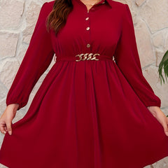 Women's Solid Lantern Sleeve Polo Neck Dress