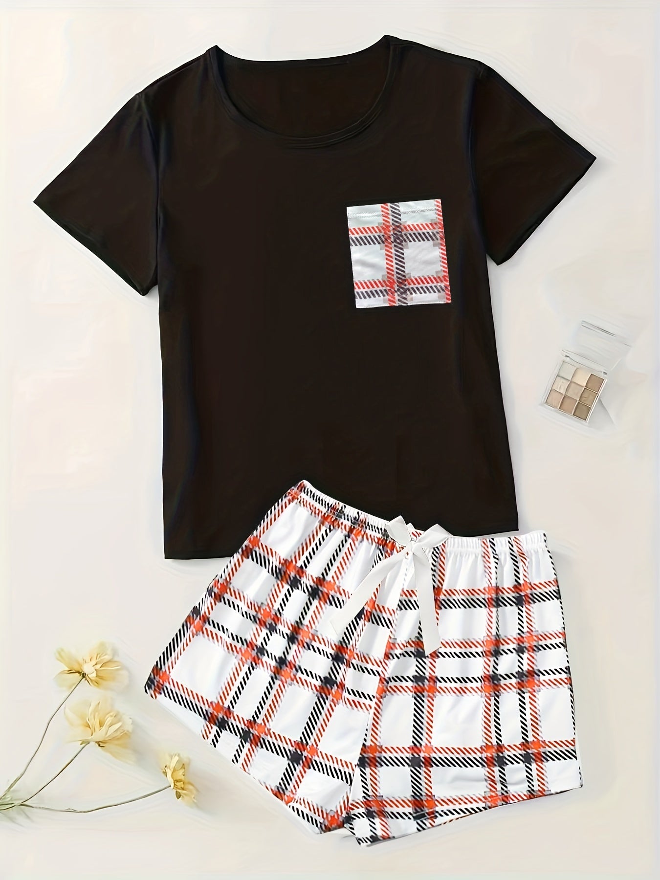 Plaid Print Pajama Set Short Sleeve Top & Shorts