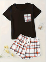 Plaid Print Pajama Set Short Sleeve Top & Shorts
