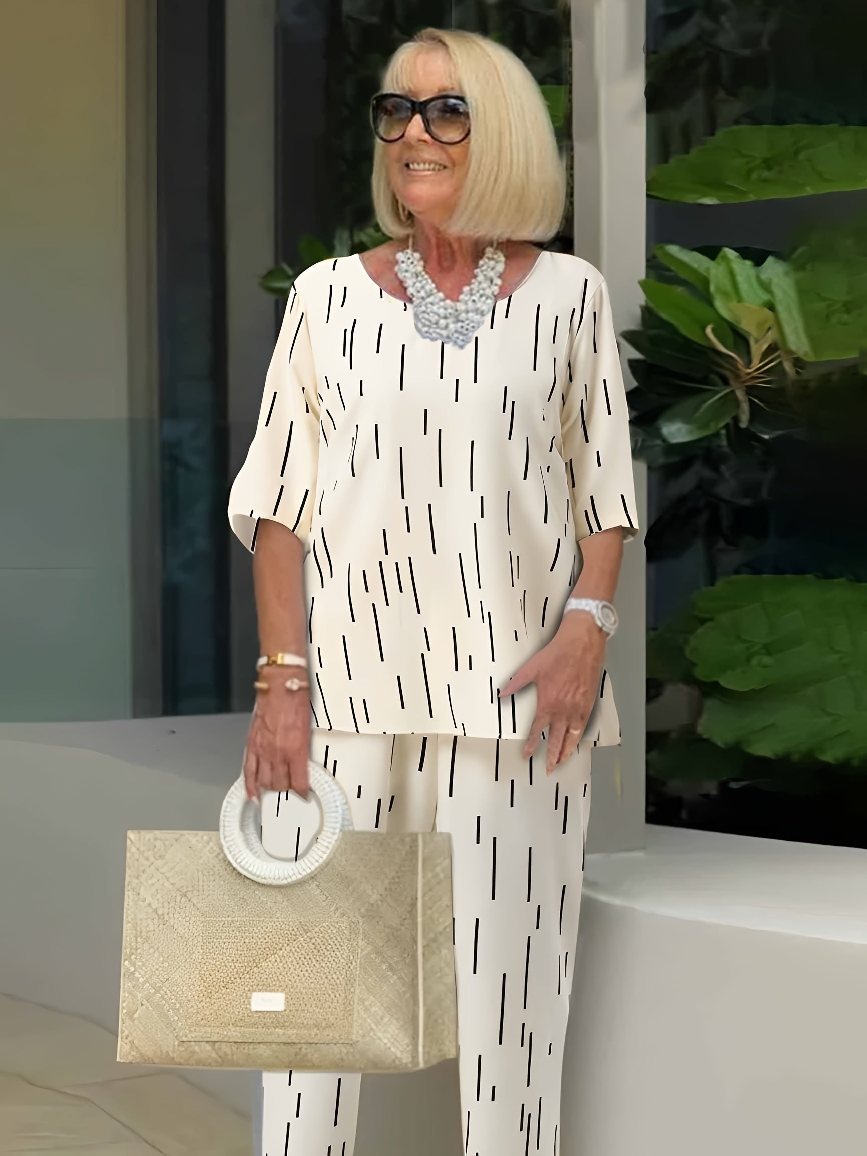 Casual Stripe Matching Two piece Set Crew Neck Tee & Wide Leg Pants