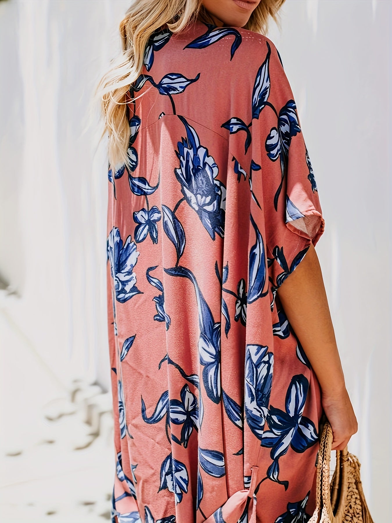 Plant Graphic Cover Up Shirt Loose Fit Non Stretch Beachwear Kimono