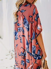 Plant Graphic Cover Up Shirt Loose Fit Non Stretch Beachwear Kimono