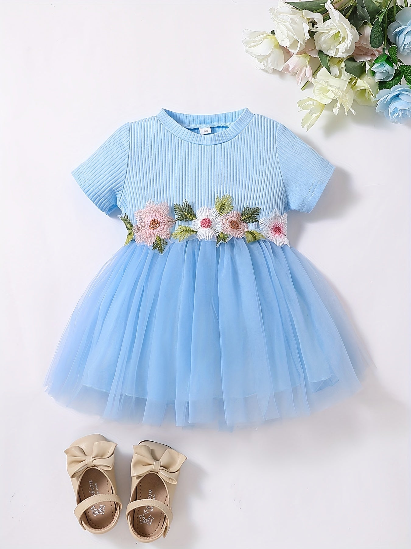 Baby Girls Mesh Splicing Dress Ribbed Short Sleeves Crew Neck Flowers Embroidere