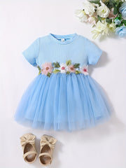 Baby Girls Mesh Splicing Dress Ribbed Short Sleeves Crew Neck Flowers Embroidere