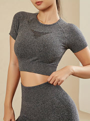 Solid Crew Neck Tank Tops Short Sleeve Yoga Crop Tops