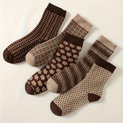 5 Pairs Floral & Plaid Print Socks Women's Mid Tube Stockings