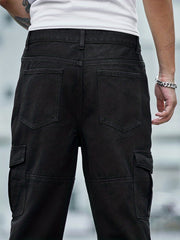 Men's Loose Fit Flap Pocket Jeans Casual Denim Pants