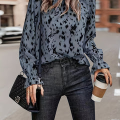 Leopard Print Lantern Sleeve Mock Neck Top