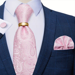 Men's Paisley Silk Tie Set with Handkerchief Cufflinks Ring