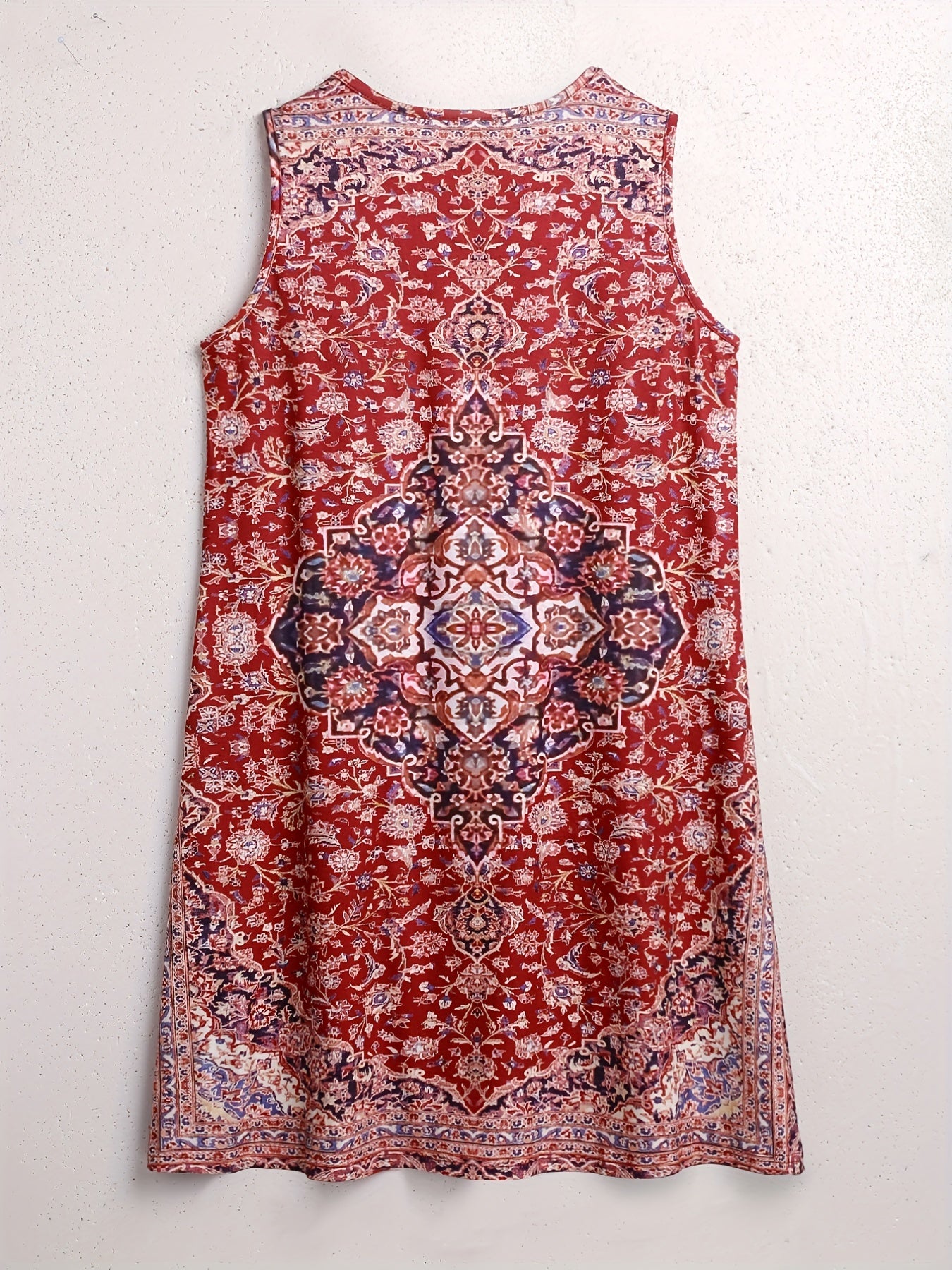Ethnic Floral Print Tank Dress Boho Crew Neck Tucked Dress