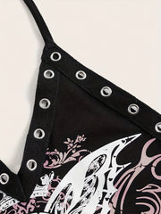 Skull Butterfly Halter Top Y2K V Neck Tie Back Summer Sleeveless