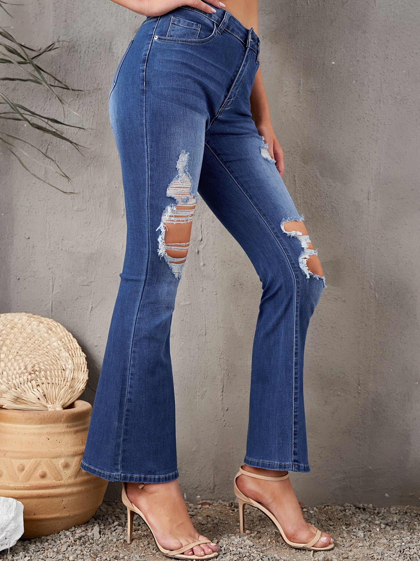 Distressed Bell Bottom Jeans Slash Pocket Wash Bootcut Denim Pants
