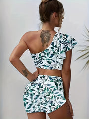 Plant Print Ruffle Crop Top & Booty Shorts Set Women's Clothing