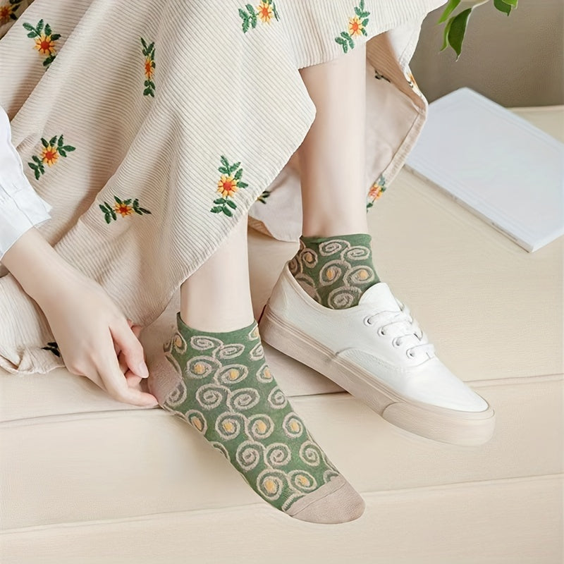 5 Pairs 3D Floral Textured Low Cut Ankle Socks for Women