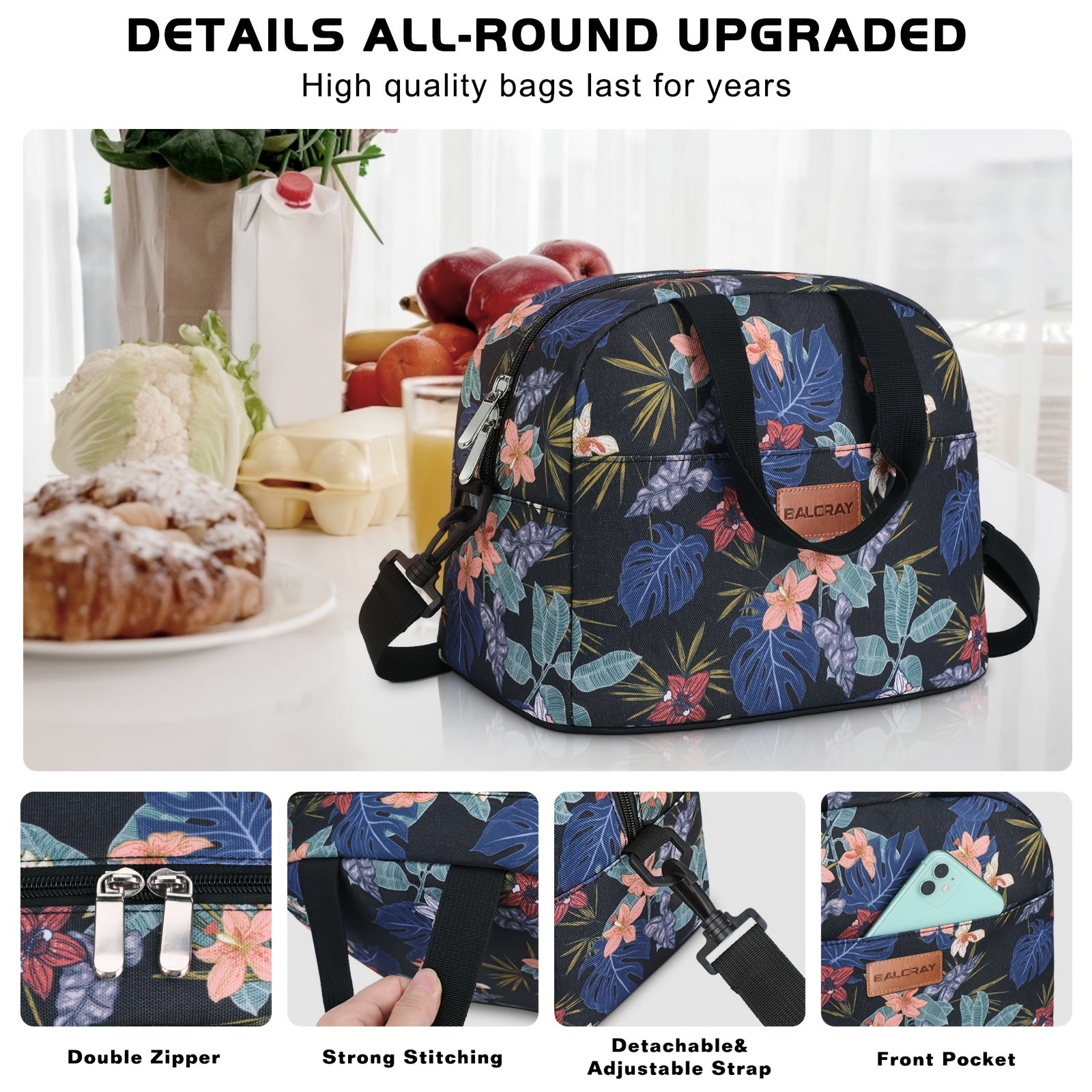 Flower Pattern Insulated Lunch Bag with Shoulder Strap