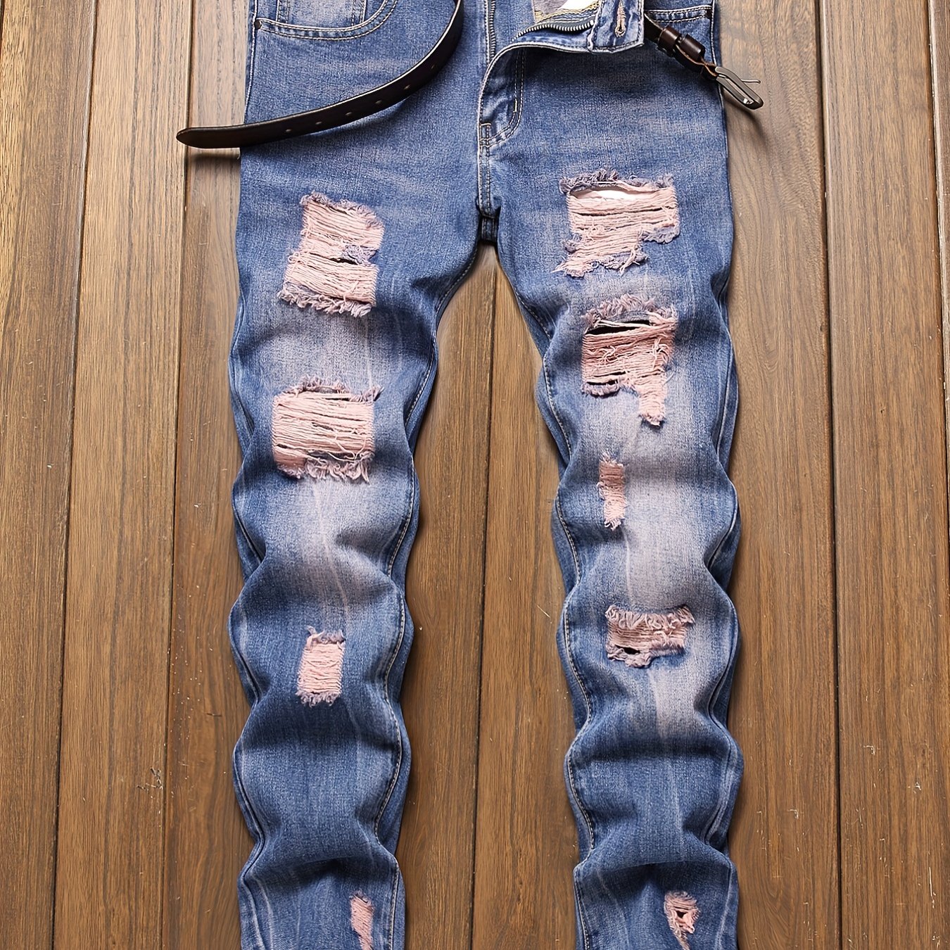 Slim Fit Ripped Jeans Men's Casual Street Style Distressed Denim Pants