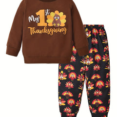 Turkey Pattern Kid's Pajamas 2pcs Sweatshirt & Sweatpants Set