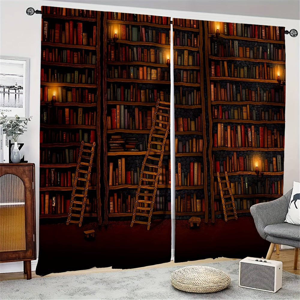 2panel Retro Library Printed Window Curtain Rod Pocket Semi Blackout Curtains