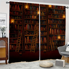 2panel Retro Library Printed Window Curtain Rod Pocket Semi Blackout Curtains