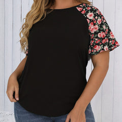 Vacay Blouse Women's Plus Colorblock Floral Short Sleeve T shirt