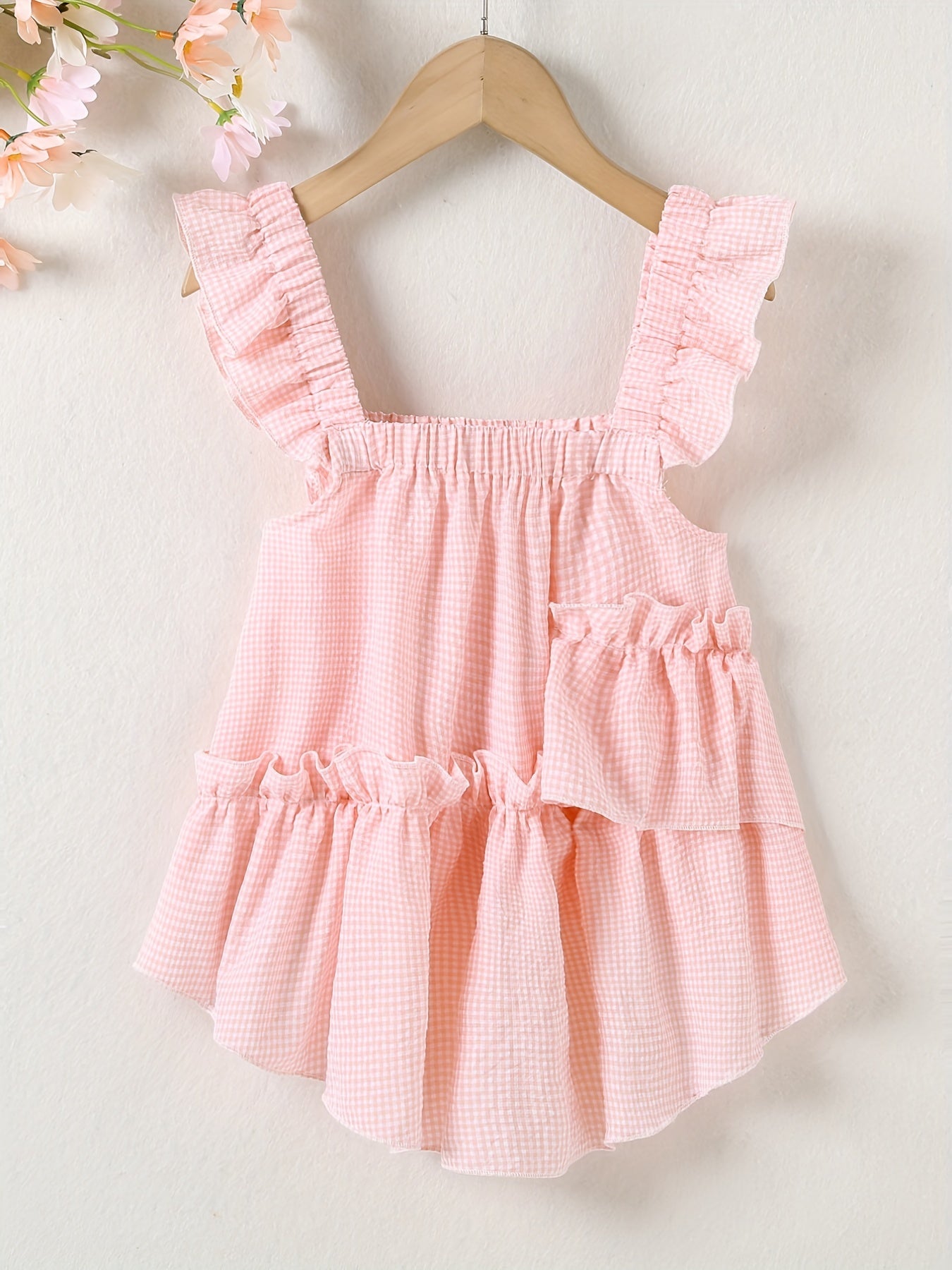 Girls Plaid Print Ruffle Strappy Sleeveless Blouse for Summer