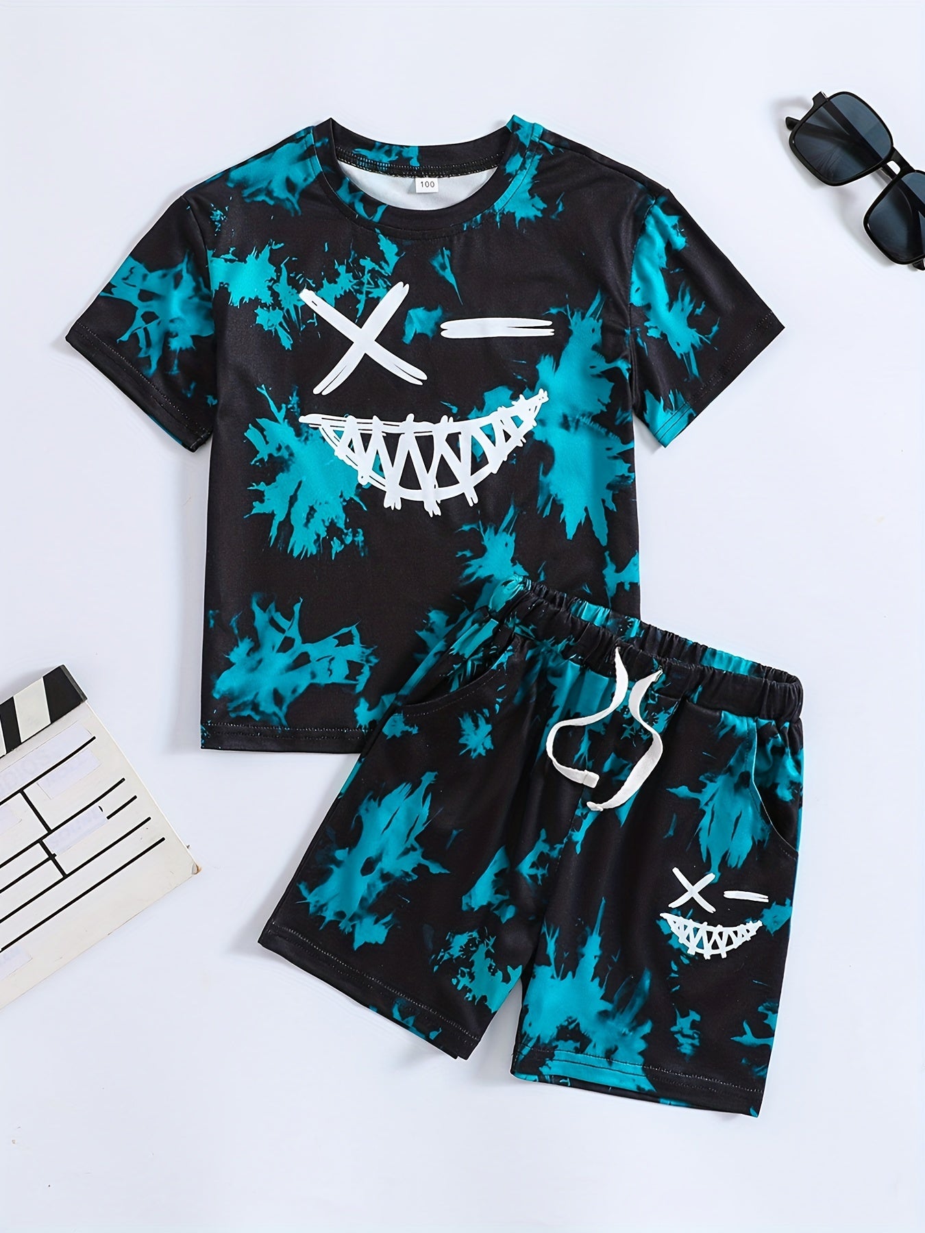 Boys Face Graphic Outfit Round Neck T shirt & Shorts For Summer Kids Clothes