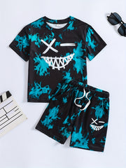 Boys Face Graphic Outfit Round Neck T shirt & Shorts For Summer Kids Clothes
