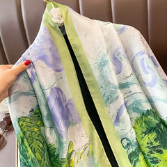 Green Oil Painting Print Scarf Classic Satin Shawl Sunscreen Head Wrap