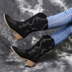 Embroidered Mid Calf Western Boots Block Heel Zipper Round Toe Shoes