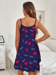 Heart Print Ruffle Nightdress Casual Comfy Round Neck Slip Sleep Dress