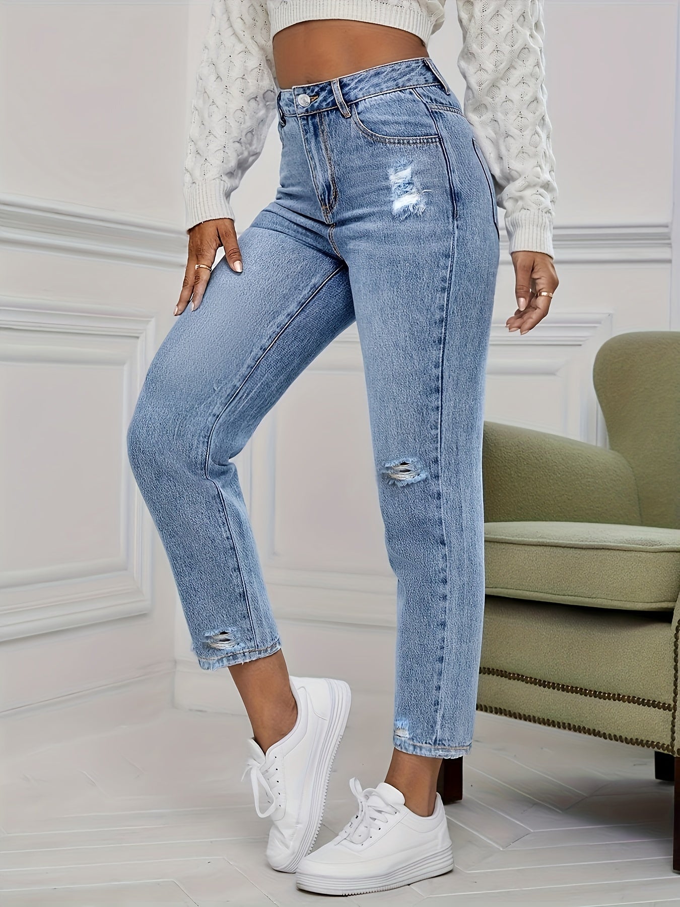 High Waist Distressed Denim Pants Women's Jeans