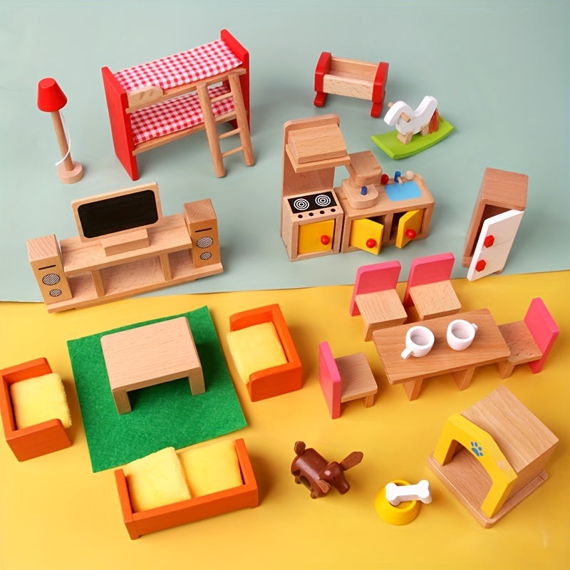 Wooden Bedroom Toys 7 Sets for Children Pretend Play Home Bedroom