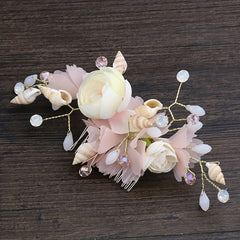 Pink Silk Flower & Shell Hair Comb, Bridal Jewelry