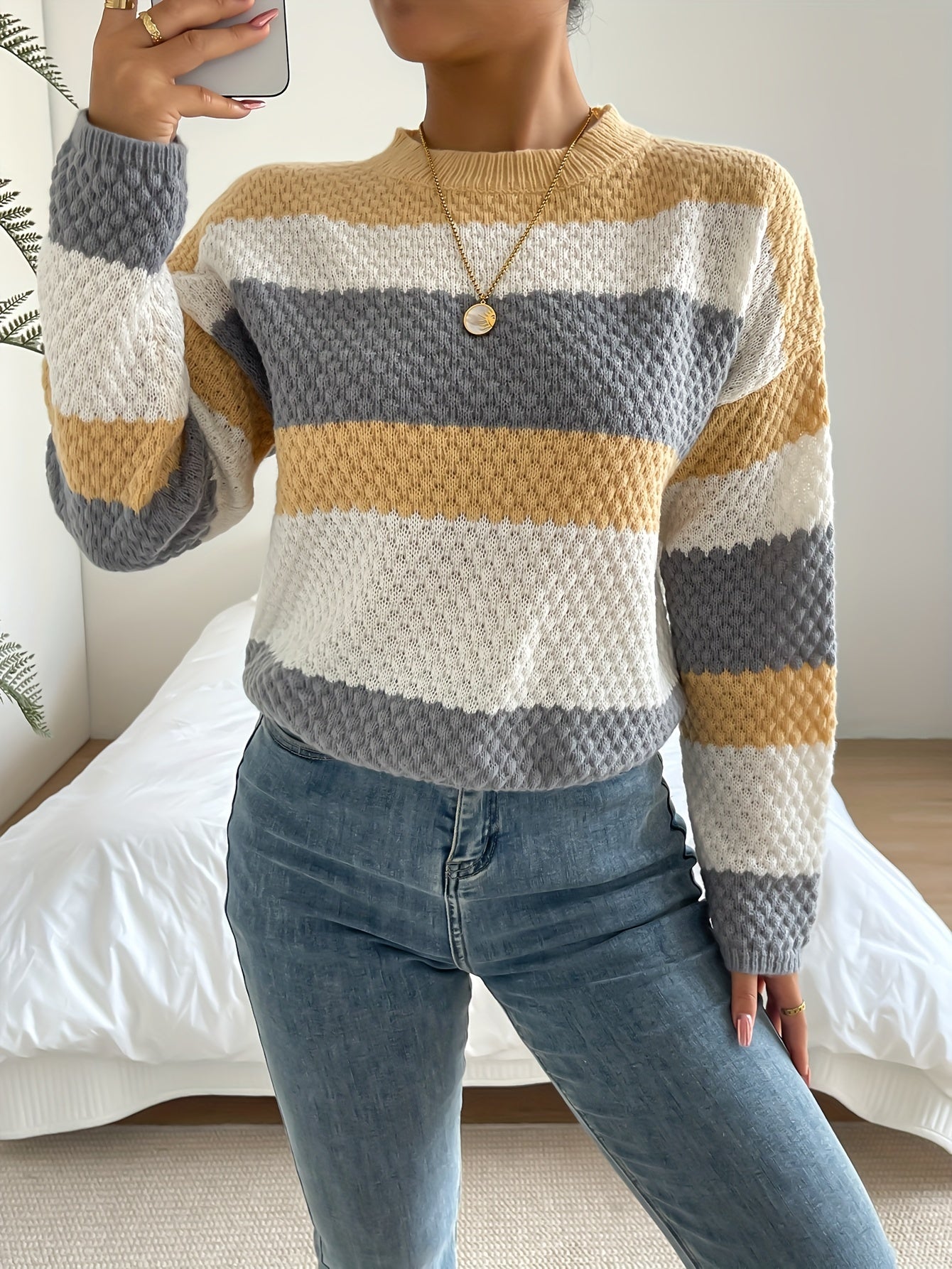 Striped Print Crew Neck Sweater for Fall & Winter