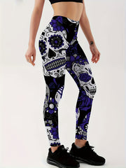 Halloween Leggings Women's Skull & Floral Print High Rise