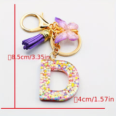 Resin Initial Letter Keychain with Butterfly and Tassel