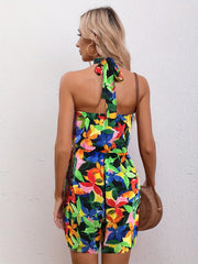 Floral Print Halter Neck Romper Jumpsuit Women's Clothing