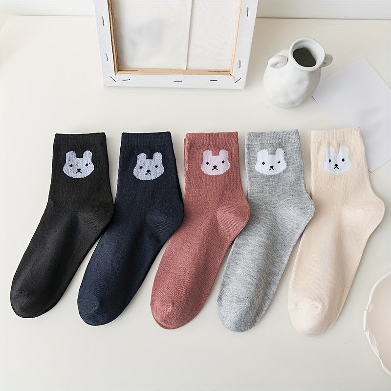 5 Pairs Cartoon Bunny Print Socks Comfy & Mid Tube Women's Stockings