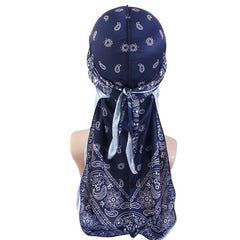 Navy Cashew Flower Silk Ribbon Bandana Cloak Turban Hat