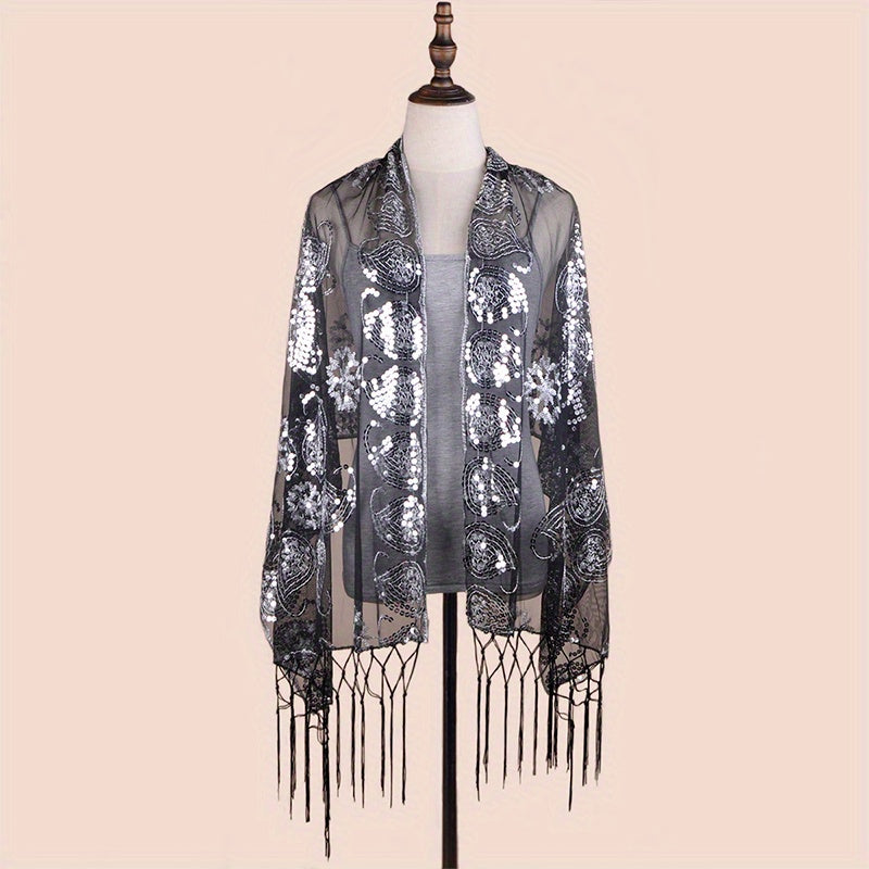 Sequin Paisley Embroidery Shawl Silvery Tassel Vintage Cape