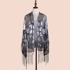 Sequin Paisley Embroidery Shawl Silvery Tassel Vintage Cape