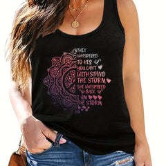 Plus Size Casual Tank Top Women's Plus Slogan & Floral Print Round Neck