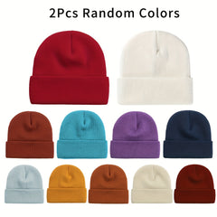 2pcs Acrylic Beanie Hat for Autumn/Winter Knitted Pullover Cap Candy Solid Cap