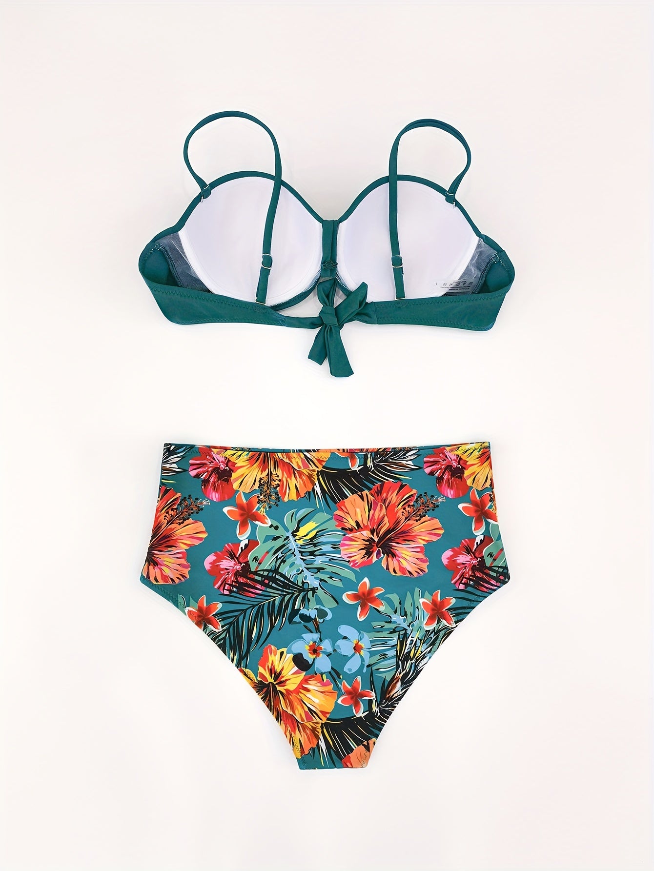 Tropical Print High Waist Bikini Set Spaghetti Straps Back Tie Swimsuit