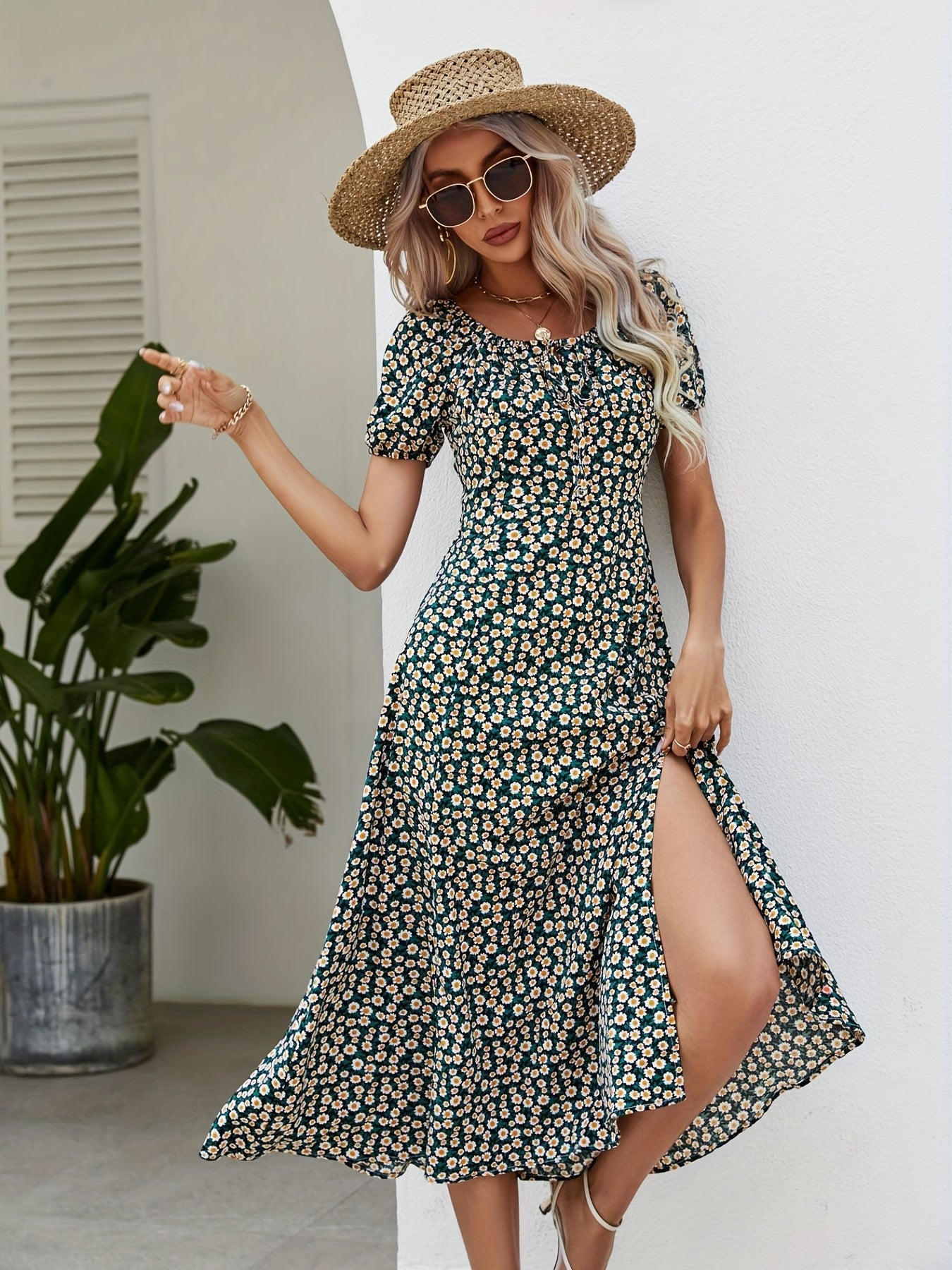 Floral Square Neck Split Dress Short Sleeve Spring Summer Women's Clothing